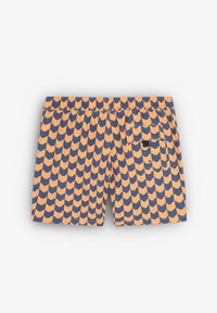 Shorts de bain pour hommes avec un motif de rayures ondulées orange et bleu foncé, ceinture élastique, et une poche arrière avec rabat et bouton.