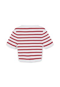 T-shirt corto a maniche corte di colore bianco con strisce orizzontali rosse. Presenta un collo rotondo e una texture a costine.