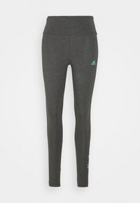 Mörkgrå leggings i stretchigt material, med hög midja och en turkos Adidas-logga på vänster höft och på nedre ben.