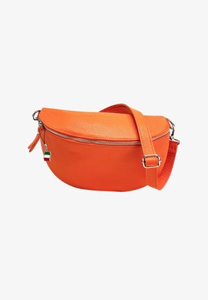 Orangefarbene Leder-Crossbody-Tasche mit runder Form, strukturierter Oberfläche, Reißverschluss und verstellbarem Tragegurt. Enthält ein kleines Charme-Detail.