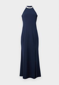 Marinblå halterneck-kvällklänning med juvelkrage och sidoklyvning, golvlång med en elegant siluett.