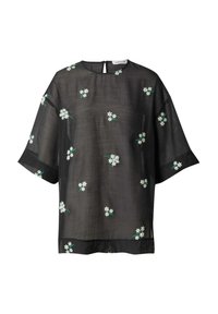Schwarzes durchsichtiges Oberteil mit kurzen Ärmeln, verziert mit weißer Blumenstickerei und grünen Stängeln. Ein Schlitzdetail am Rücken sorgt für zusätzlichen Reiz im Design.