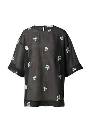 Schwarzes durchsichtiges Oberteil mit kurzen Ärmeln, verziert mit weißer Blumenstickerei und grünen Stängeln. Ein Schlitzdetail am Rücken sorgt für zusätzlichen Reiz im Design.