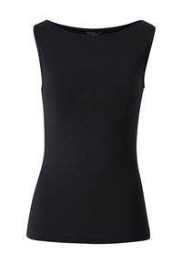 Top nero senza maniche realizzato in un tessuto liscio; presenta un collo ampio e una vestibilità aderente. Nessun motivo o hardware visibile.