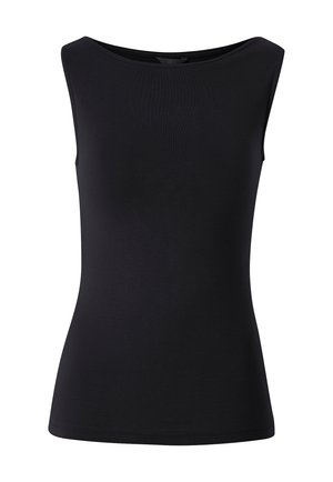 Schwarzes ärmelloses Top aus glattem Stoff; mit weitem Ausschnitt und figurbetonendem Schnitt. Keine Muster oder sichtbare Beschläge.