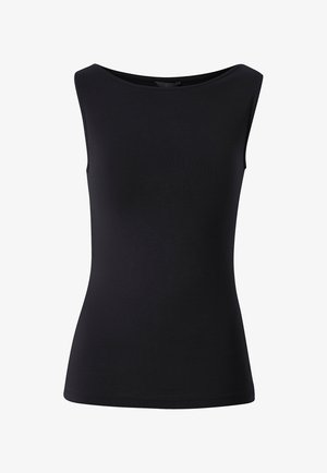 Haut sans manches noir en tissu lisse ; présente une encolure large et une coupe près du corps. Pas de motifs ni de matériel visible.