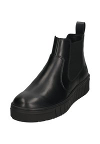 Black leather ankle boots with elastic side panels, rounded toe, and a textured rubber sole featuring horizontal grooves.