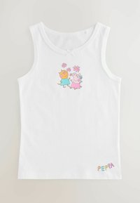 Weißes Baumwoll-Top mit Trägerschnitten, das Cartoonfiguren einer Katze und eines Schweins zeigt, mit Blumen darüber. "PEPPA" ist in bunten Buchstaben am Saum gestickt.