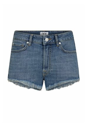 Riflové šortky ve středně modré barvě s roztřepeným lemem, designem s pěti kapsami a kovovými detaily s knoflíkem a zipovým zapínáním.