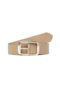 Beiger Leder-Gürtel mit einer rechteckigen silbernen Metallschnalle und sauberem Stitching entlang der Kanten. Glatte Textur, konisches Enddesign.