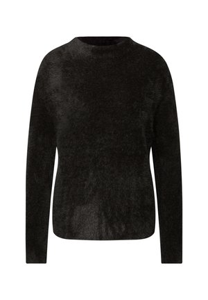 Maglione nero a maniche lunghe con scollatura rotonda. Tessuto morbido con una finitura leggermente pelosa. Design semplice senza motivi o decorazioni.