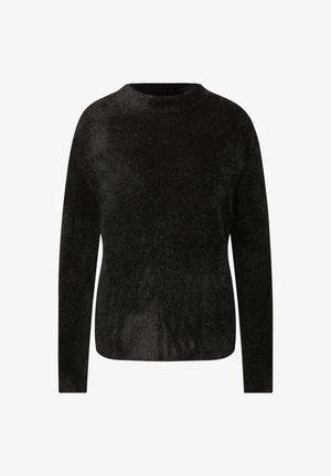 Czarny sweter z długim rękawem i okrągłym dekoltem. Miękka tekstura z lekko puszystym wykończeniem. Prosty design bez wzorów czy ozdób.