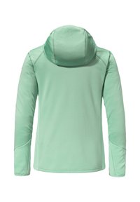 Mintgrüner, leichter, langärmeliger Jacke mit Kapuze; besitzt eine glatte Textur und Nahtdetails an Ärmeln und Rücken.