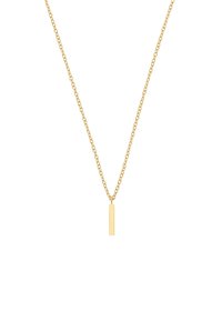 Collana delicata in oro con un piccolo pendente rettangolare verticale in oro, centrato su uno sfondo bianco.