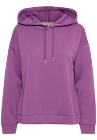 Sweat à capuche violet avec cordon de serrage, manches larges et épaules tombantes. Confectionné en tissu doux avec poignets et ourlet côtelés.