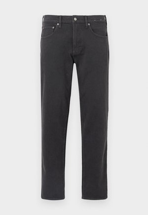 Schwarze Denim-Jeans mit geradem Schnitt, ausgestattet mit einem Knopf- und Reißverschluss, fünf Taschen-Design und dezenten Nähdetails.