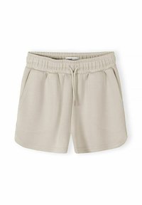 Shorts décontractés beiges avec taille élastique et cordon de serrage, dotés de deux poches latérales, posés à plat sur un fond blanc.