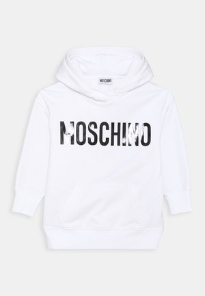 Weißer Hoodie mit Vorderfach, langen Ärmeln und schwarzem, abgenutztem "MOSCHINO"-Logo auf der Brust.