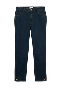 Jean en denim bleu foncé avec une coupe slim, dotés d'une poche avant, d'une fermeture à bouton doré et d'un ourlet roulé avec des accents de bouton en bas.