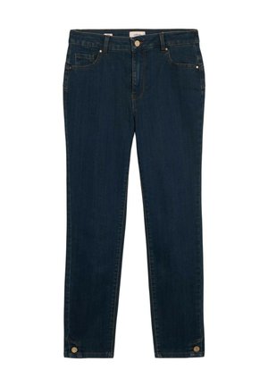 Mørkeblå denim jeans med slim fit, der har en frontlomme, guldtonet knaplukning og en omtullet kant med knapdetaljer forneden.