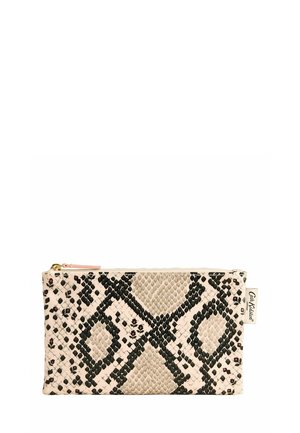 Rechteckiges Zip-Etui mit beigem und schwarzem Schlangenledermuster und kleinen floralem Details, mit einem goldenen Reißverschluss und Cath Kidston-Label an der Seite.