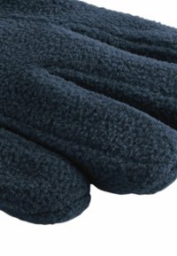 Gants en polaire marine avec trois sections de doigts et une surface douce et texturée. Bords arrondis et construction sans couture.