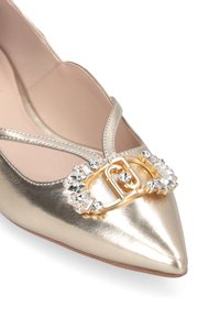 Scarpa con punta a forma di cono in oro metallico con finitura lucida. Presenta una fibbia decorativa in oro con strass nella parte anteriore. Design a strisce.