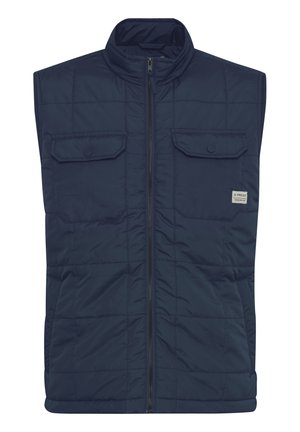 Navy blue quilted vest featuring a high collar, front zip closure, and two chest pockets with snap buttons. Durable fabric and smooth texture.
