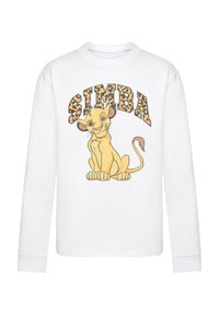 White long-sleeve shirt featuring a cartoon lion in yellow with the word "SIMBA" in leopard print above it.