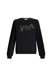 Felpa nera con maniche lunghe, scollo rotondo e orlo a coste. Presenta scritte bianche impreziosite e un design con foglie sul davanti.