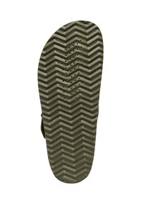 Suola di sandalo in gomma verde con un motivo a zigzag e fori di drenaggio, dotata di marchio "GEOX" in rilievo su tutta la superficie.