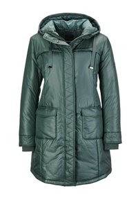 Grüne gepolsterte Parkajacke mit Kapuze, diagonal gestepptem Muster, zwei Fronttaschen und verstellbaren Kordeln. Glattes, glänzendes Material.