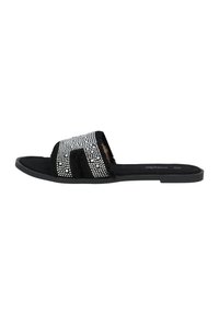Sandal nera slip-on con suola piatta, caratterizzata da una tomaia testurizzata decorata con rhinestones argentati disposti a strisce.