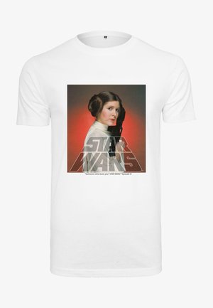 Fehér pamut póló, amelyen egy sötét hajú, kontyba kötött szereplő látható, aki egy lézerfegyvert tart. A feliraton szerepel a "STAR WARS" és egy idézet.