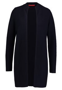Tmavě námořnický dlouhý cardigan, otevřený vpředu, s žebrovanou texturou a dlouhými rukávy. Jednoduchý design bez viditelného hardwaru nebo akcentů.