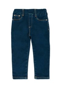 Pantaloni in denim blu scuro con un design slim fit, dotati di cinque tasche, cuciture dorate decorative e una morbida cintura elastica per il massimo comfort.
