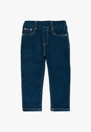 Pantaloni in denim blu scuro con un design slim fit, dotati di cinque tasche, cuciture dorate decorative e una morbida cintura elastica per il massimo comfort.