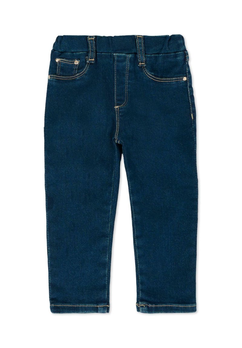 Pantaloni in denim blu scuro con un design slim fit, dotati di cinque tasche, cuciture dorate decorative e una morbida cintura elastica per il massimo comfort.