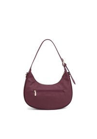 Borsa a spalla bordeaux realizzata in materiale sintetico testurizzato, con una forma curva, hardware dorato e una tasca esterna con zip.