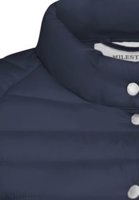 Marineblaue Daunenjacke mit hohem Kragen, horizontalen Nähten und silbernen Druckknöpfen zum Schließen. Weiche, glatte Textur.