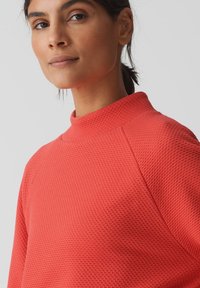 Rode, gestructureerde trui met een hoge kraag en raglanmouwen. De stof heeft een subtiel patroon, wat visuele interesse en diepte toevoegt.