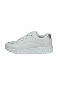 Weiße Sneakers aus glattem Leder mit einer gerippten Gummisohle. Merkmale sind das abgerundete Design, die Schnürung vorne und ein metallischer silberner Akzent an der Ferse.