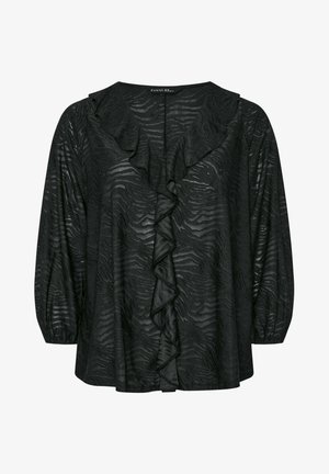 Blusa negra con un patrón de rayas de cebra texturizado, con volantes en el frente y mangas largas y abullonadas. Fabricada en un material ligero y transparente.