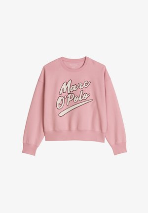 Pinkes Sweatshirt mit langen Ärmeln, Rippbündchen an Ärmeln und Saum, mit dem Text "Marc O'Polo" in großen kursiven Buchstaben auf der Vorderseite.