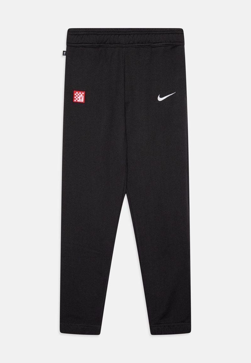 Melni sporta bikses, kas izgatavotas no mīksta auduma, ar sarkanu un baltu pārbaudītu logo uzlišanu un baltu Nike simbolu. Elastīga josta.