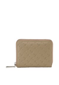 Beige leren portemonnee met reliëf patroon van een vogel, rechthoekige vorm en een ritsafsluiting. Voorzien van een accenten in zilverkleurig metaal.