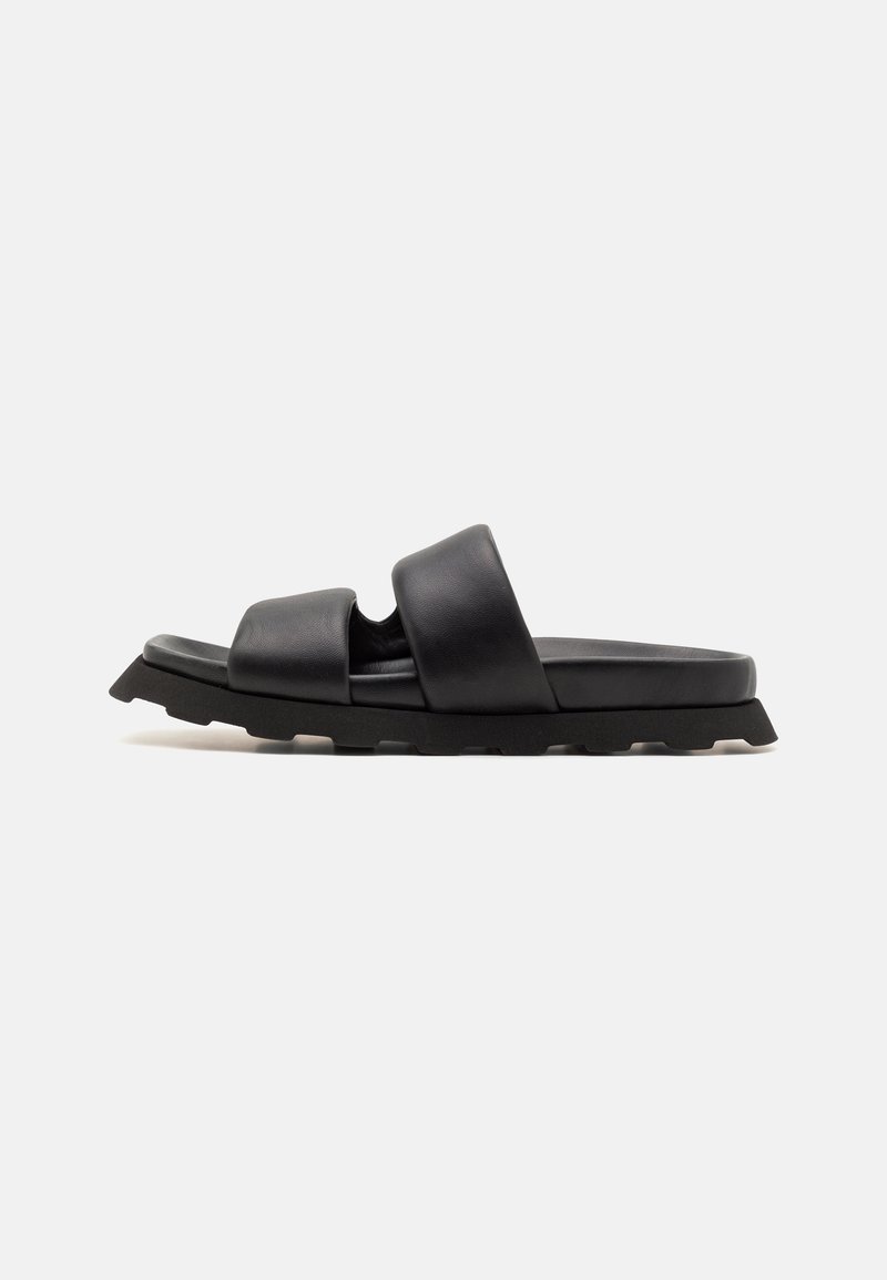 Black slide sandal with two wide, padded straps, a molded footbed, and a textured, contrasting sole for enhanced grip.
