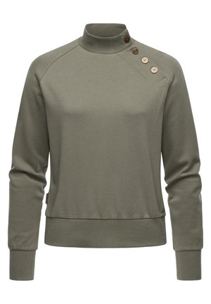 Olive green sweatshirt with a high collar, three decorative buttons on the shoulder, and ribbed cuffs and hem. Smooth fabric texture.