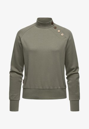 Sudadera verde oliva con alto cuello, tres botones decorativos en el hombro y puños y dobladillo acanalados. Textura de tela suave.