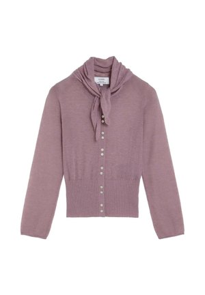 Cárdigan de punto color malva con mangas largas, botones delanteros, dobladillo acanalado y una bufanda a juego atada al cuello.